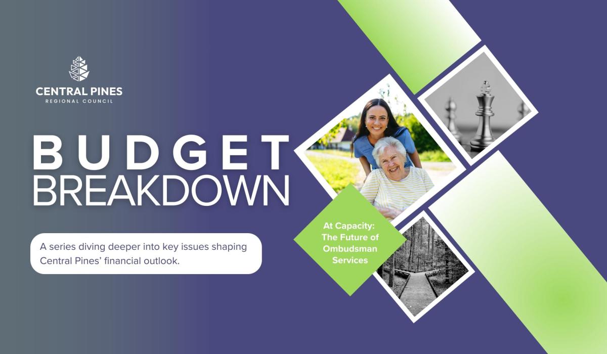 Central Pines Regional Council presents Budget Breakdown, a series on key financial issues. Images include a caregiver assisting an elderly person, chess pieces, and a diverging path in a forest.