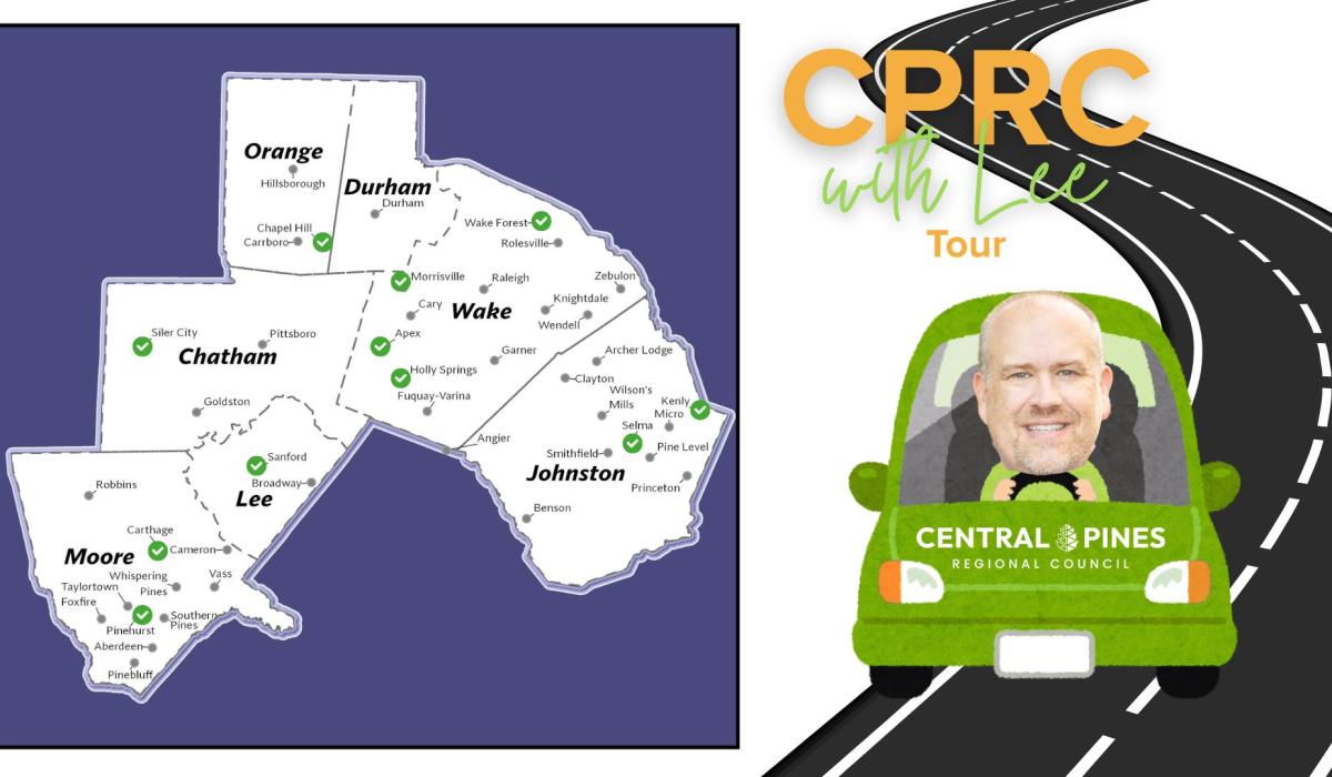 map of central pines region with graphic of lee worsley in a car