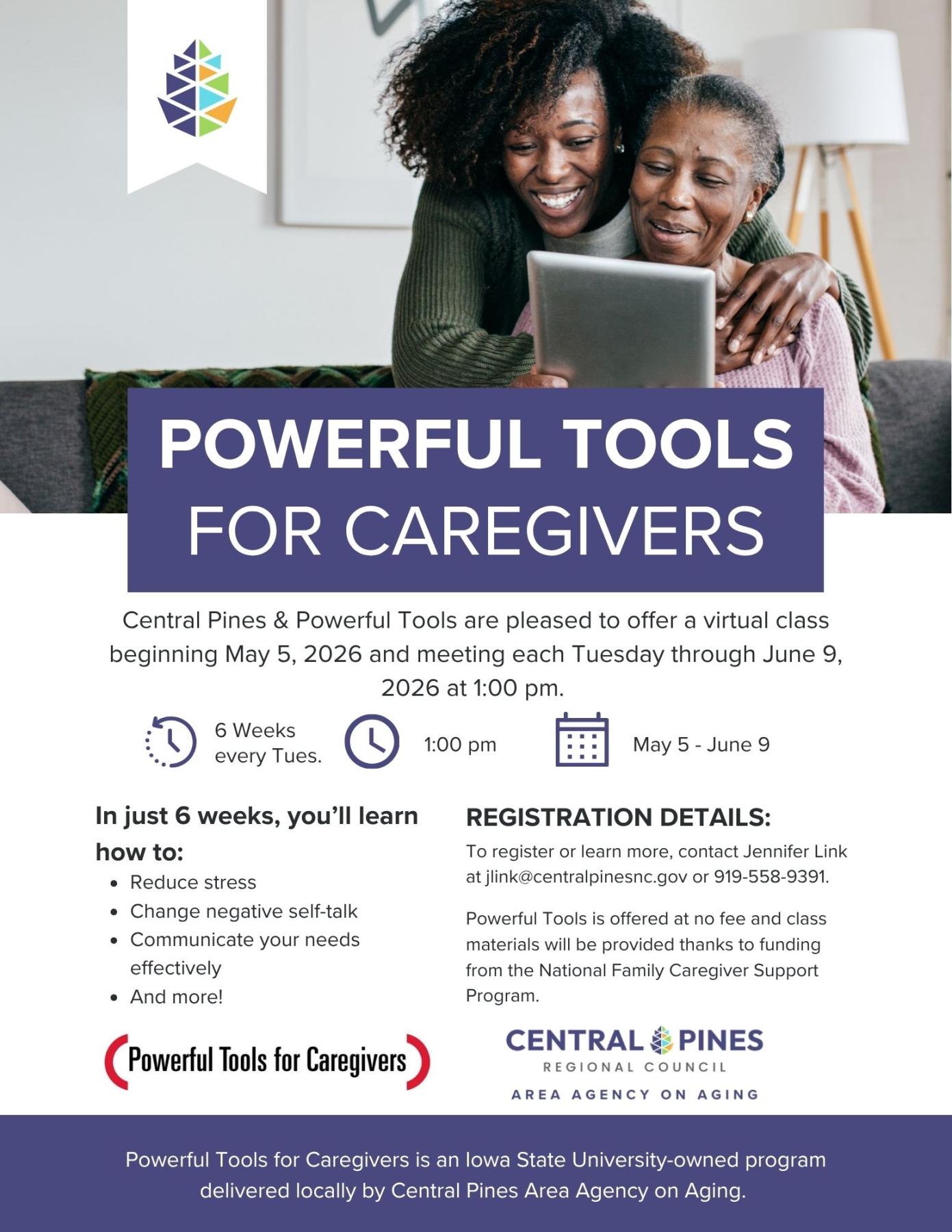 Flyer for Powerful Tools for Caregivers. The same information on this flyer is written on this webpage. 