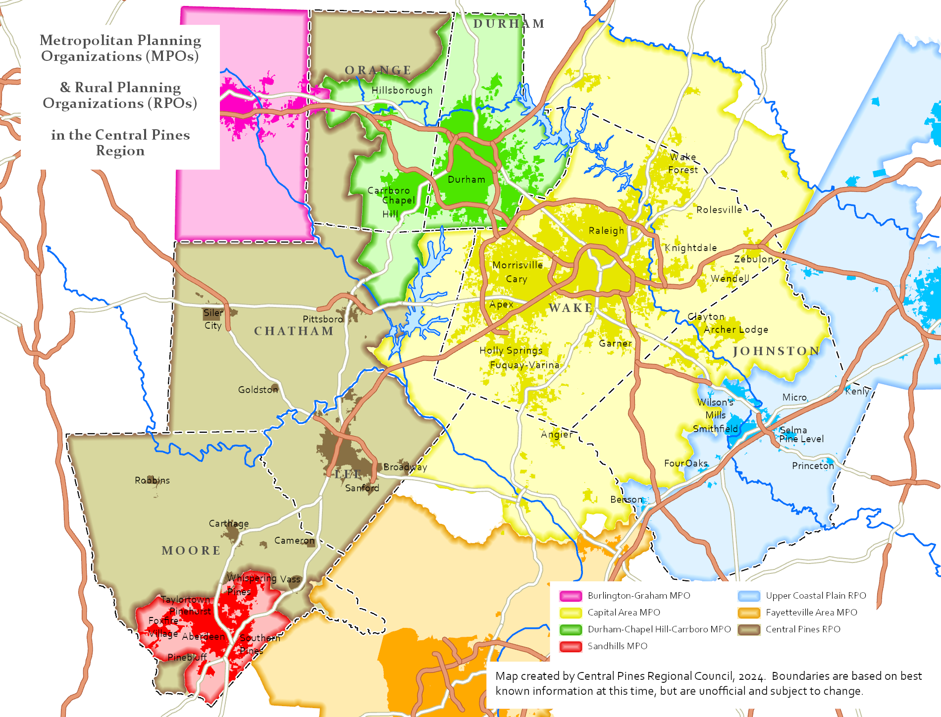 Map showing MPOs and RPOs within the Central Pines region