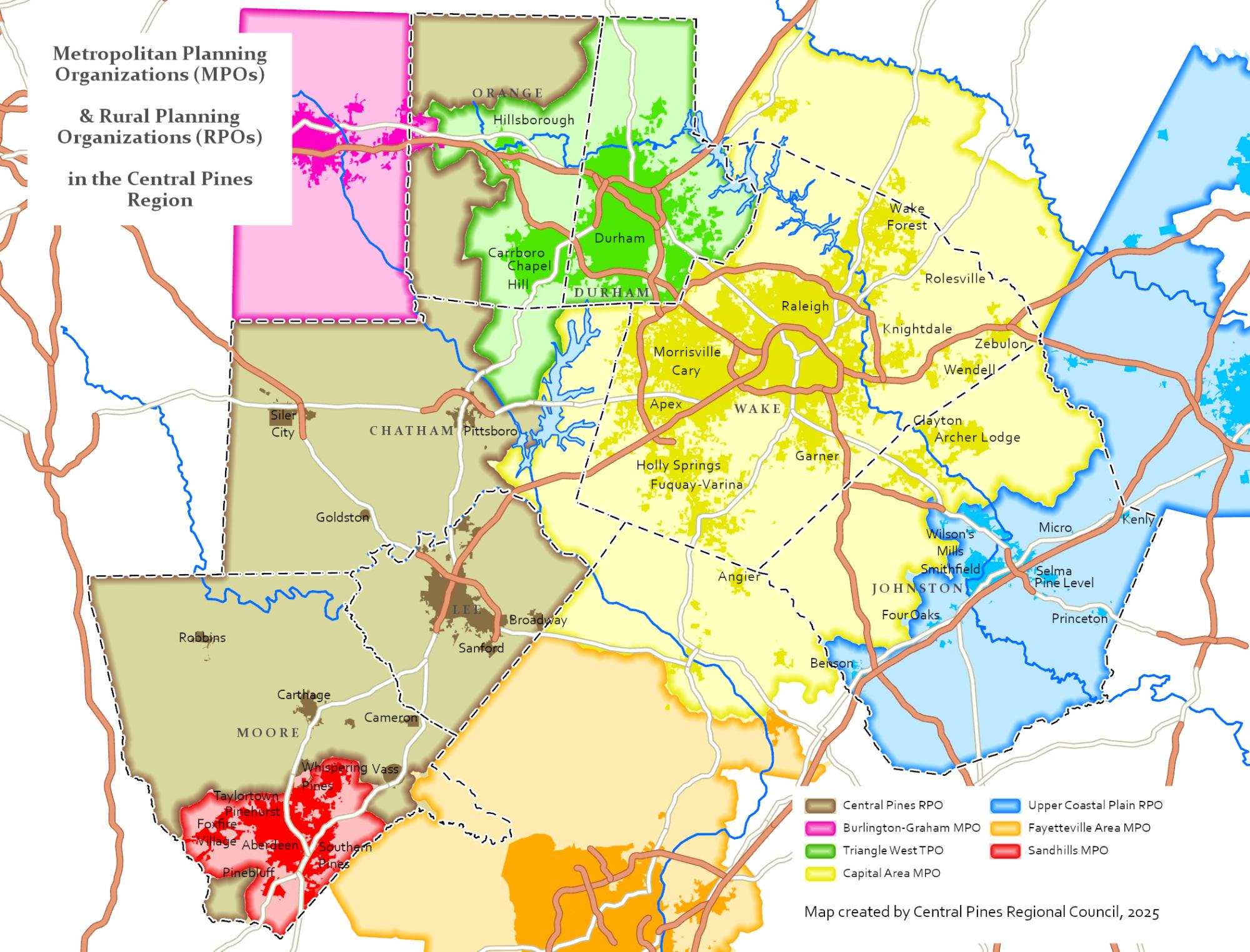 Map showing MPOs and RPOs in the Central Pines region