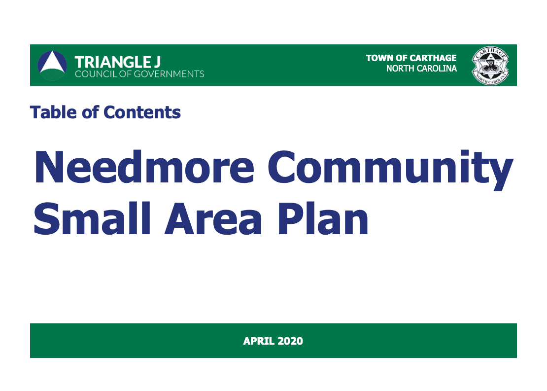 Table of contents page from the April 2020 Needmore Community Small Area Plan, with Triangle J Council of Governments and Town of Carthage logos.