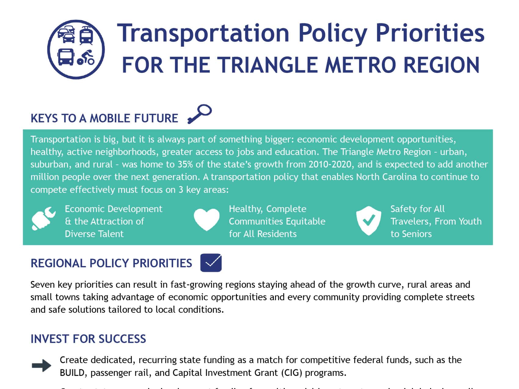 Infographic titled “Transportation Policy Priorities for the Triangle Metro Region,” outlining three goals—a strong economy, healthy and equitable communities, and safety for all travelers—along with seven regional policy priorities.
