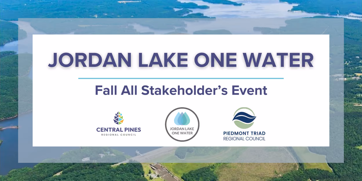 Graphic for the Jordan Lake One Water fall stakeholder event, with partner logos over an aerial view of Jordan Lake.