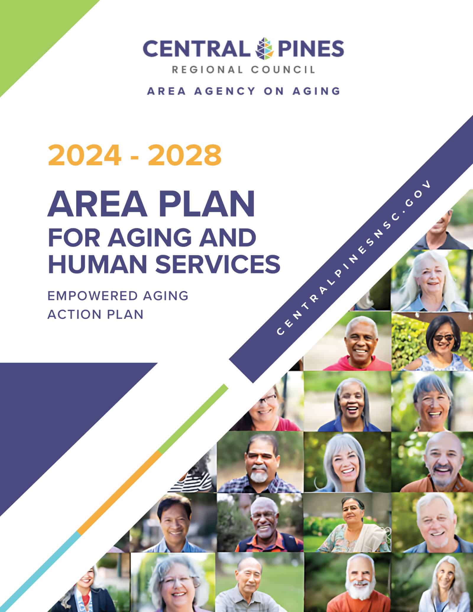 Cover of Central Pines Regional Council’s 2024–2028 Area Plan for Aging and Human Services, labeled “Empowered Aging Action Plan,” with a collage of older adults’ portraits.