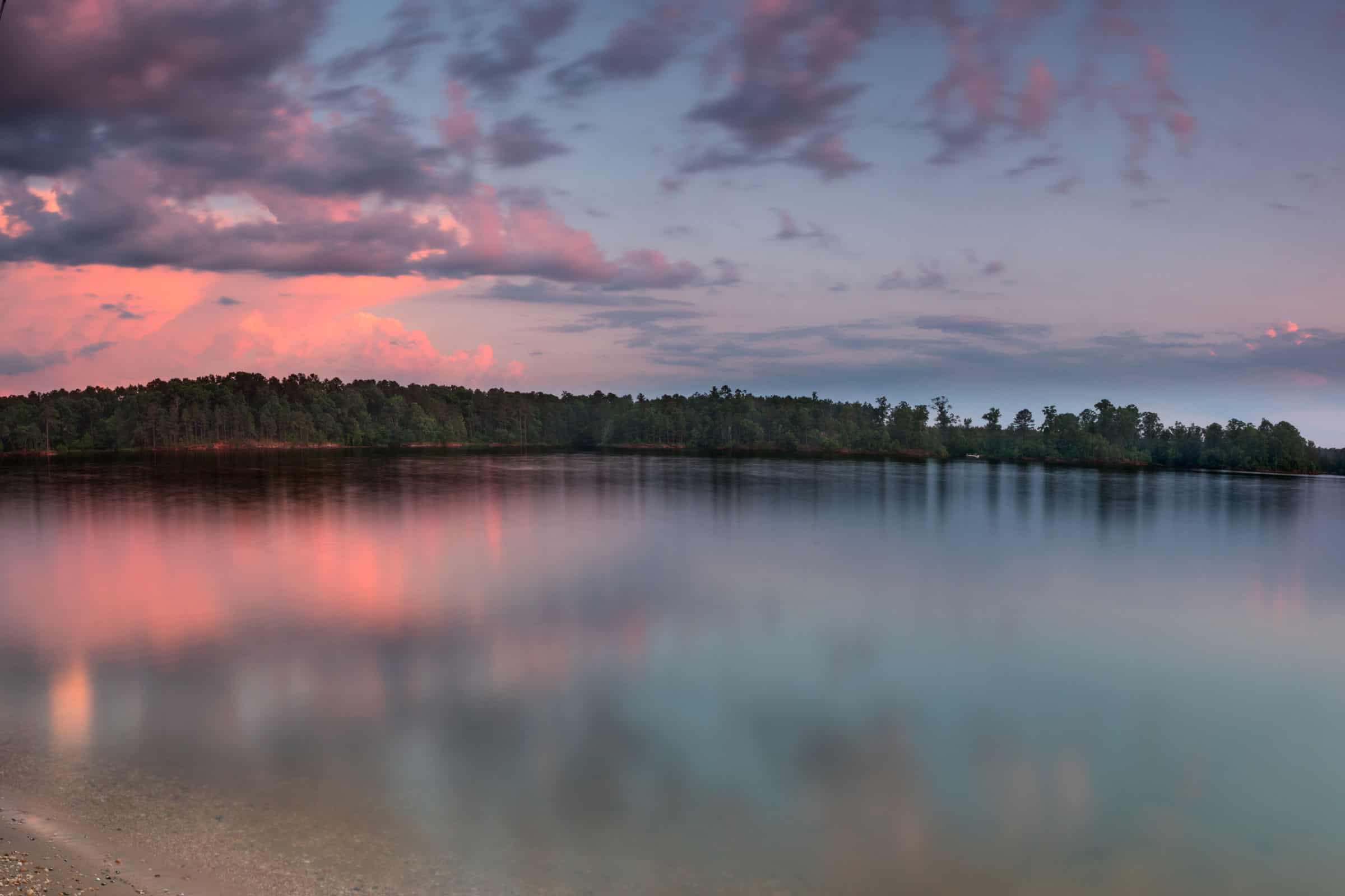 A landscape view of a large body of water. Trees are visible along the shore in the background.
