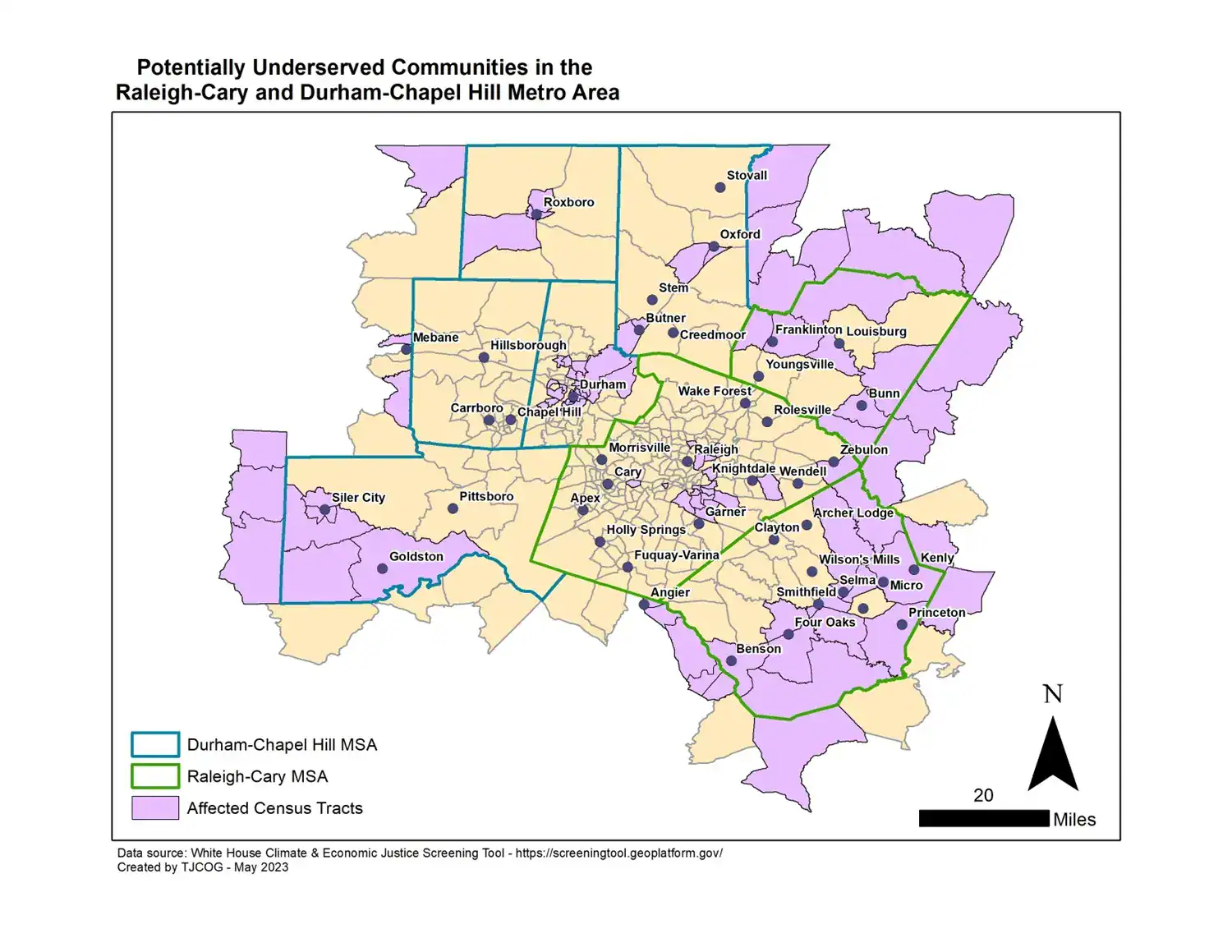 Map of the Raleigh-Cary and Durham-Chapel Hill metro areas. Affected census tracts are shaded purple, and the two metro area boundaries are outlined in green and teal.