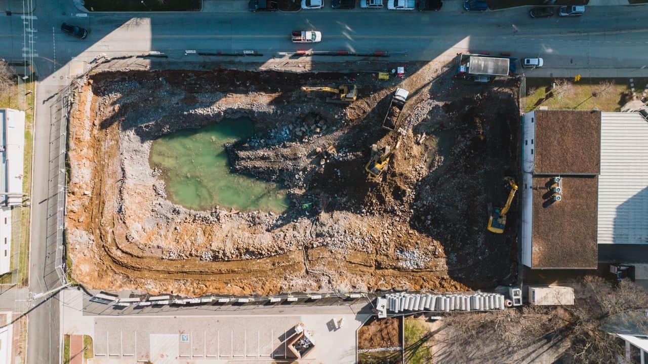 Drone shot over an industrial construction area