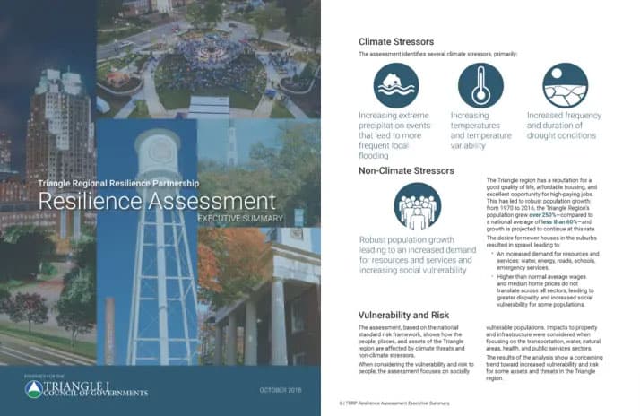 Two-page spread from the Triangle Regional Resilience Partnership’s Resilience Assessment Executive Summary. The cover uses photos of regional places and infrastructure; the facing page summarizes climate and non-climate stressors and regional vulnerability.